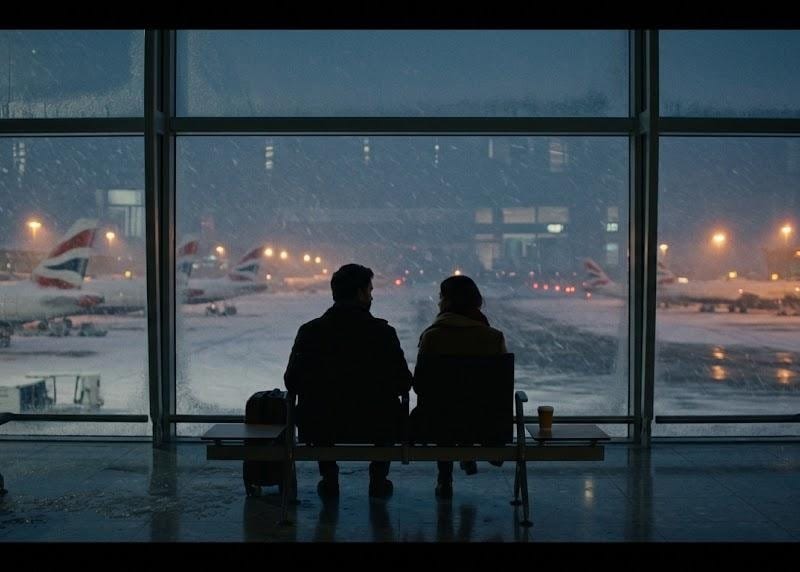 Two silhouetted figures seated at a snow-covered Heathrow terminal gate
